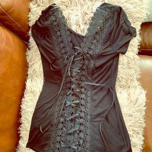 Black lace up back top